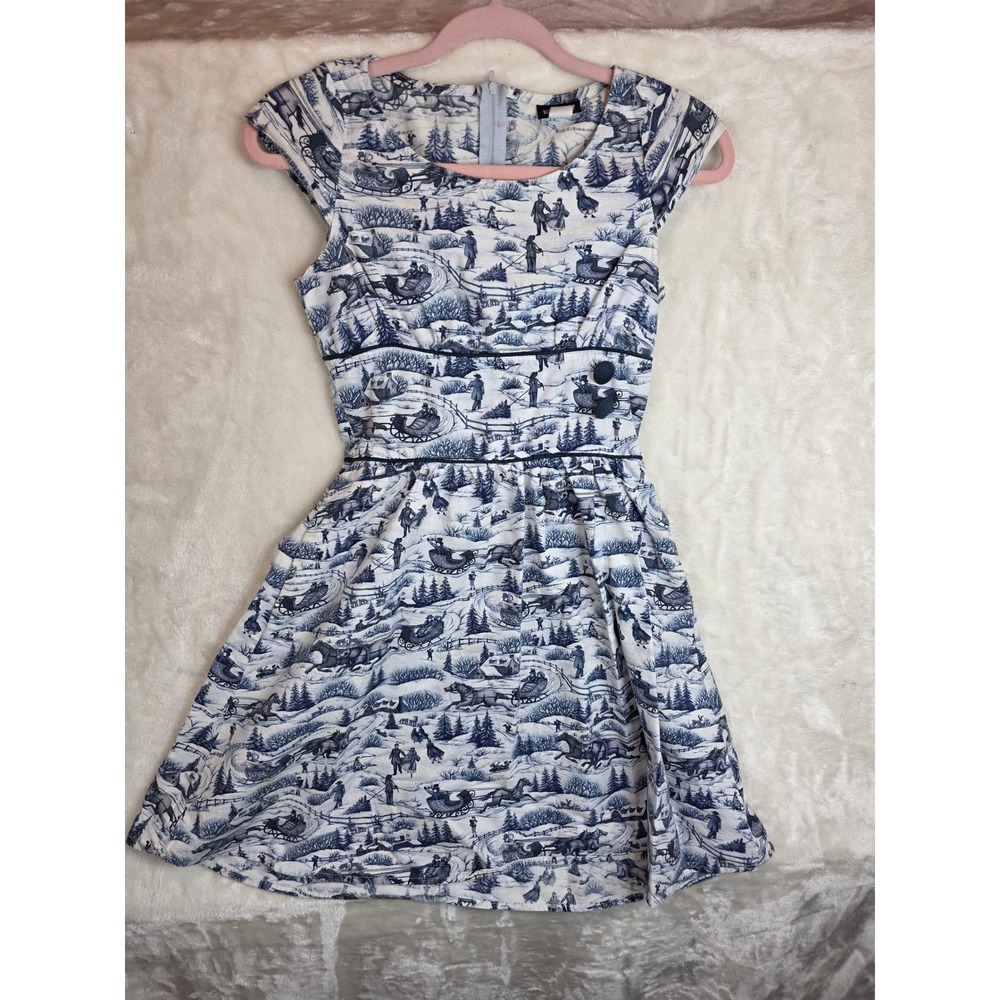 Retrolicious Winter Toile Sleigh Print Dress Blue White Cotton‎ Cap Sleeve Small